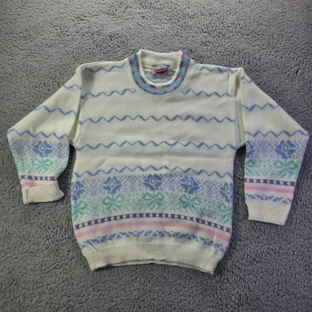 Vintage Zephyr Kids White Pastel Fair Isle Metallic Knit Sweater Canada S